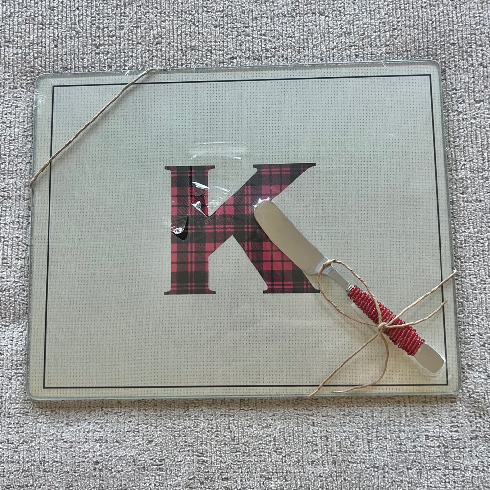 Hobby Lobby Monogram K Glass Cutting Board and Spreader Set Red Plaid 10x8